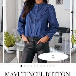 Vici - dark denim ruffle button down top
